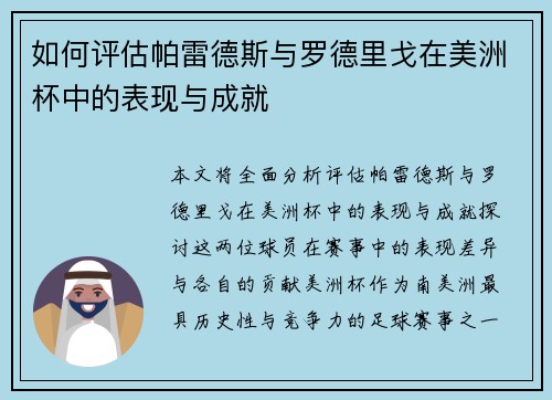 如何评估帕雷德斯与罗德里戈在美洲杯中的表现与成就
